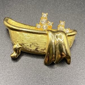 Vintage Piscitelli Rhinestone Tub Brooch Rare Gold Tone Bubble Bath